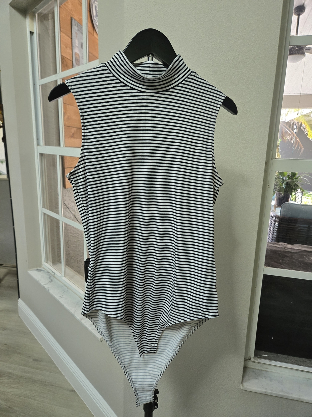 H&M Black & White Striped Sleeveless Mock Neck Bodysuit